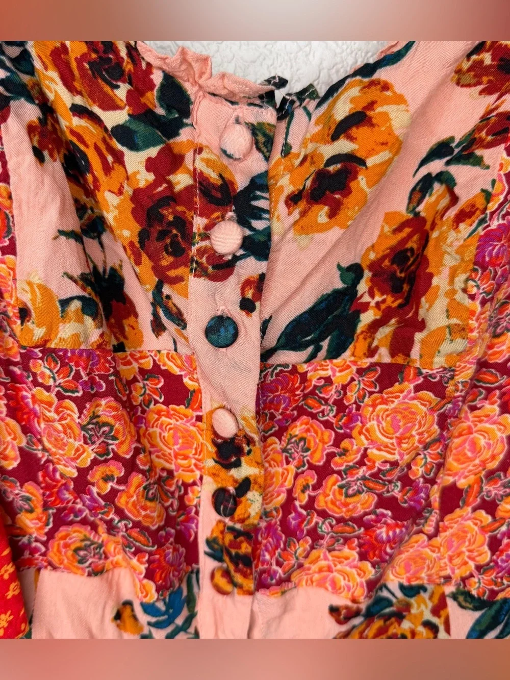 Free People Lover Boy Maxi Dress Size 2 Coral Combo Button Tie Straps Floral